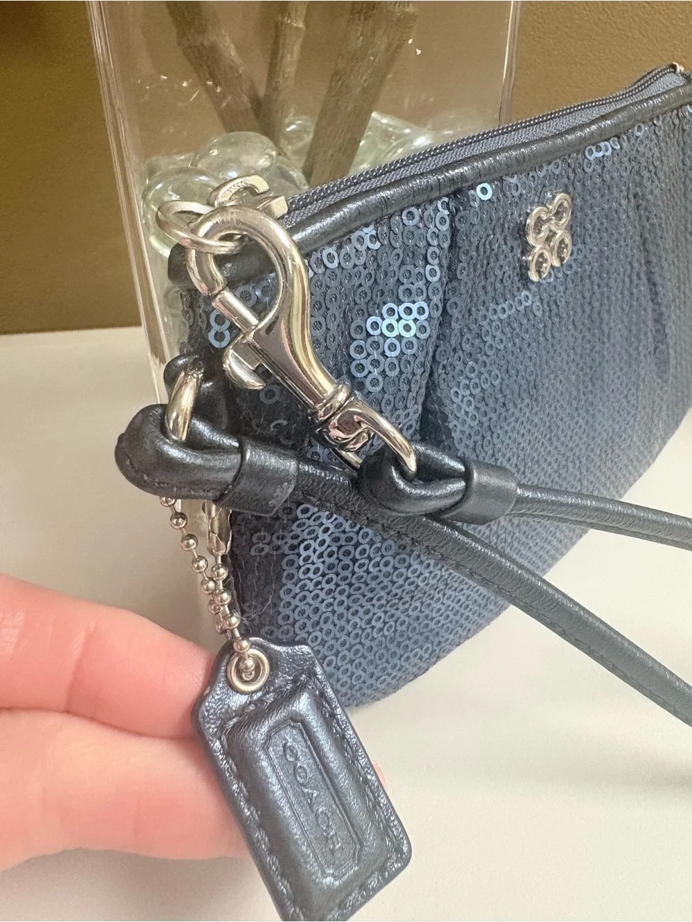 Coach Blue Sequin Wristlet Wallet Leather Strap Limited Edition - EUC